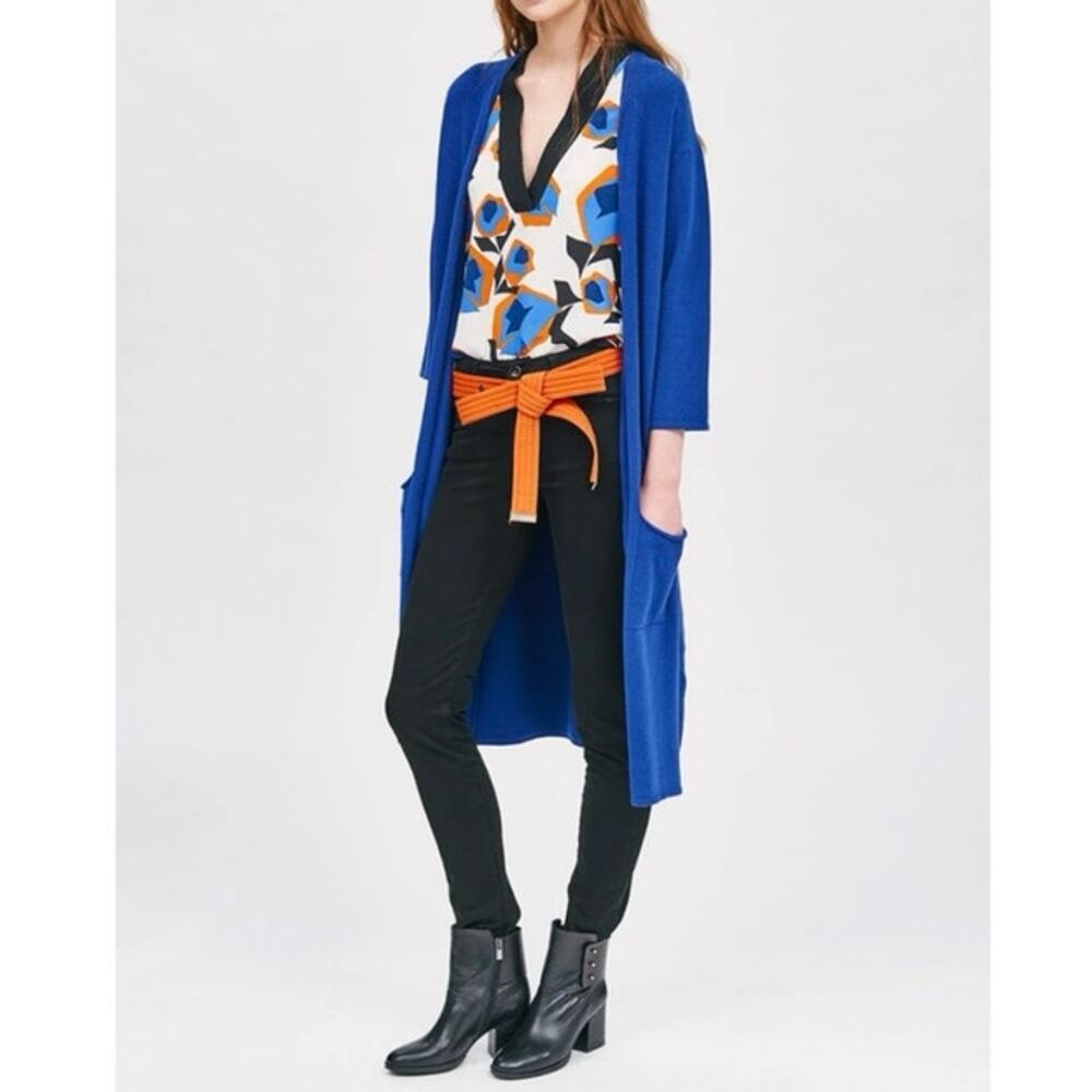 cop.copine Akari Long Cardigan Sweater 3/4 Sleeves Pockets Royal Blue NEW Size M